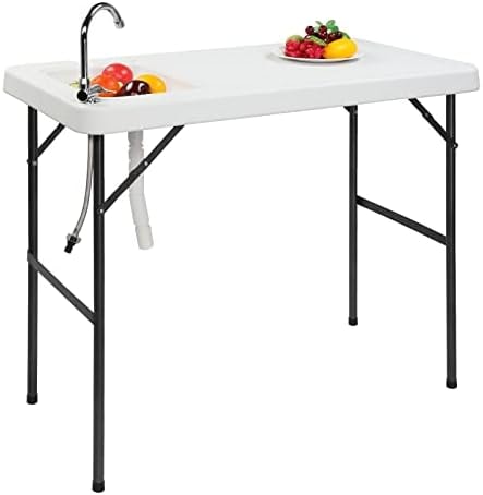 Outvita Fish Cleaning Table, Portable Folding Camping Table, 45" HDPE Outdoor Fish Cleaning Station with Sink, 360° Stainless Steel Faucet, Drainage Hose, Working Platform for Camping, Food Handling