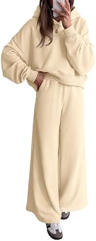 PRETTYGARDEN Women 2 Piece Hoodies Sweatpants Sweatsuits,Beige,XS