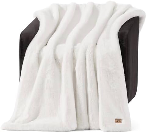 UGG Euphoria Faux Fur Throw Blanket, Warm Fluffy for Couch or Bed, Luxury Bedroom Decor, Blankets, Machine Washable, 50-inch x 70-inch, White Snow
