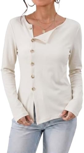 Dokotoo Women's Long Sleeve Tops Button Down Clothes,Apricot,Small