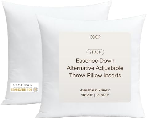 Coop Home Goods Essence Adjustable Throw Pillow Inserts 18x18, Set of 2, Adjustable Down Alternative Cushions for Couch, Bed, or Chair, Decorative Square Pillows for Living Room, Oeko-Tex Certified