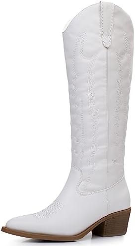 GLOBALWIN Women's White Cowboy Boots Knee High Long Pointed Toe Western Boots Size 10M