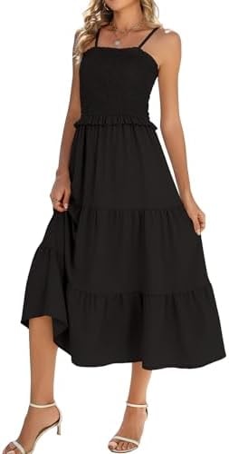Younrui Black Summer Dresses for Women 2026 Spaghetti Strap Sleeveless Long Maxi Sundress Ruffle Frill Smocked Dress(M-1075-Black)