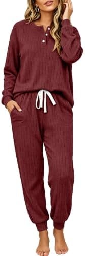 Ekouaer Womens Pajamas Set Knit Pjs Long Sleeve Lounge Set Soft Loungewear
