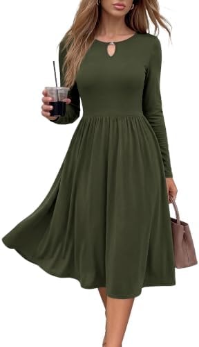 KIRUNDO Fall Dresses for Women 2026 Midi Long Sleeve Dress,Army Green,S
