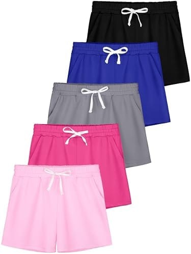 QWE 5 Pack Girls Shorts Athletic Basketball Shorts with Drawstring Pocket