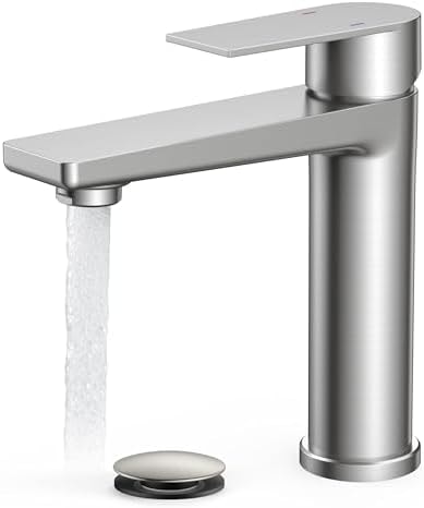 FORIOUS Brushed Nickel Bathroom Faucet 1 Hole, Single Handle Single Hole Bathroom Faucet Brushed Nickel with Deck Plate and Pop Up Drain, CUPC Hoses for One Handle Vanity Sink, Rv, Camper, Farmhouse