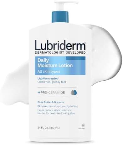 Lubriderm Daily Moisture Body Lotion + Pro-Ceramide, Body Lotion for Dry Skin, Shea Butter, Glycerin, Lightly Scented Hand Lotion, Non-Greasy 24-Hour Moisturizer, Paraben & Dye Free, 24 Fl Oz