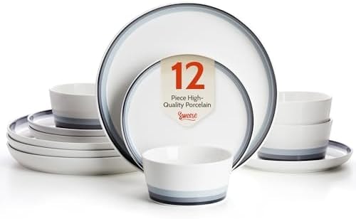 Sweese 12 Piece Dinnerware Sets for 4 - Porcelain Plates and Bowls Set - Scratch Resistant, Dishwasher and Oven Safe Round Dinner Sets - Dish Sets -White and Blue Gradient
