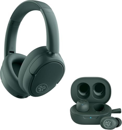 JLab JBuds Lux ANC Over Ear Headphones Bundle with JBuds Mini True Wireless Earbuds, Active Noise Cancelling, Bluetooth multipoint, Sage