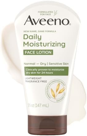 Aveeno Daily Moisturizing Face Lotion with Soothing Prebiotic Oat, Lightweight Non-Greasy Facial Moisturizer for Normal to Dry, Sensitive Skin, 24-Hour Moisture, Fragrance-Free, 5 Oz