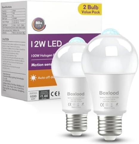 Motion Sensor Light Bulbs, 12W(100W Equivalent) A19 E26 5000K Auto On/Off