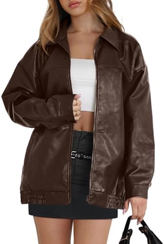 WIHOLL Brown Leather Jacket Women Faux Baggy Motorcycle Trendy Coats 2026 Fall Fashion Outfits Winter Chocolate Brown Fall Clothes M