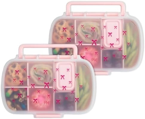 Paris Hilton 2-Pack Bento Style Snack Boxes, 7-Compartment Lunch Containers with Built-In Phone Stand, Removable Dividers and Dip Containers, Pink Bow Print