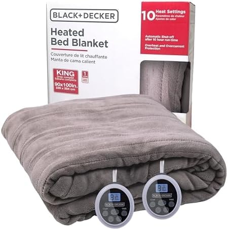 BLACK+DECKER Heated Blanket Electric King, Micro Plush Electric Blanket, Heating Blanket with 10 Heating Levels, 10H Timer, Auto Shutoff, Dual Zone Heating, Fast Heating (90x100 inches, Grey)