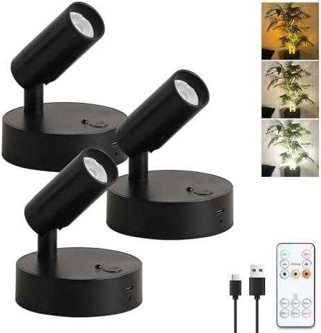 JOOSENLUX Spot Lights Indoor 3-Pack, 2600mAh Rechargeable Wireless Accent Lighting with Remote, 3CCT Dimmable Uplighting for Plants Art Wall Decor, Adjustable Arm Battery Spotlight, Black