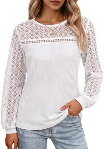 PINKMSTYLE Womens Puff Long Sleeve Tops Crochet Lace Waffle Knit Blouse Shirts White