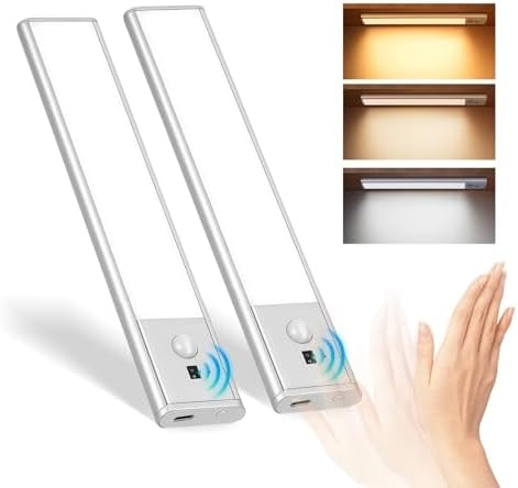 Rechargeable Under Cabinet Lights, 9 Inch Motion Sensor LED Light Bars with Hand Wave Control, 3 Color Temps & Dimming, Magnetic Wireless Closet Lights for Kitchen, Pantry, Wardrobe, Stairs, 2 Pack