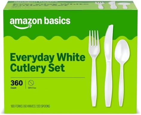 Amazon Basics Disposable Everyday White Assorted Cutlery Set, 360 Count, Large Combo Pack, Forks, Spoons, and Knives
