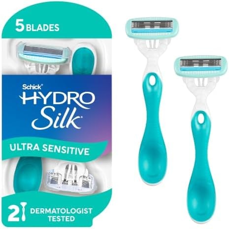 Schick Hydro Silk Sensitive Womens Disposable Razors, 2 Count, 5-Blade Disposable Razors for Women Sensitive Skin, Travel Razor for Women