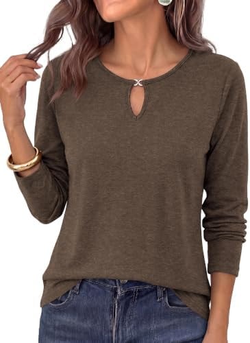 KIRUNDO Long Sleeve Shirts For Women 2026 Fall Keyhole Crewneck Work Tops