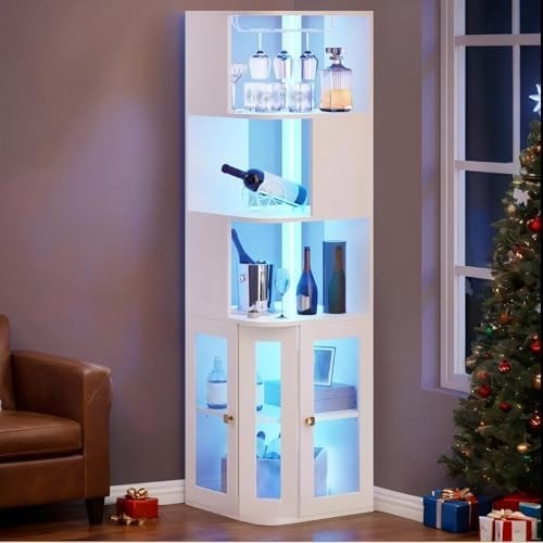 YITAHOME Corner Wine Cabinet with LED Lights & Glass Holder