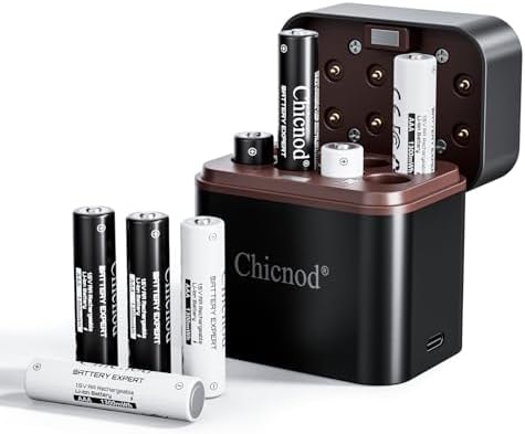 CHICNOD Rechargeable Lithium AAA Batteries with Charger, 8-Pack 1300mWh High Capacity, 1.5V Constant Output, Triple AAA Li-ion Charger with 8-Slots Smart Charging, 1600 Cycles Rechargeable Batteries