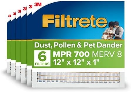 Filtrete 12x12x1 AC Furnace Air Filter, MPR 700, MERV 8, Tough on Pollen, Easy on Airflow, 3-Month Pleated 1-Inch Electrostatic Air Cleaning Filter, 6-Pack (Actual Size 11.81 x 11.81 x 0.81 in)