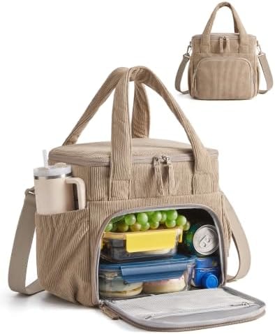 BAGSMART Corduroy Large Lunch Bag Women 14L Double Deck Insulated Lunch Box
