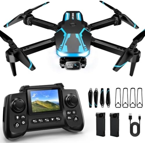 Drone with Camera & Screen on Controller, 1080P Foldable Drone for Adults Beginners, Control Quadcopter with Stable Altitude Hold, Gravity Control, Trajectory Flight, One Key Take Off, 2 Batteries, 3D Flips