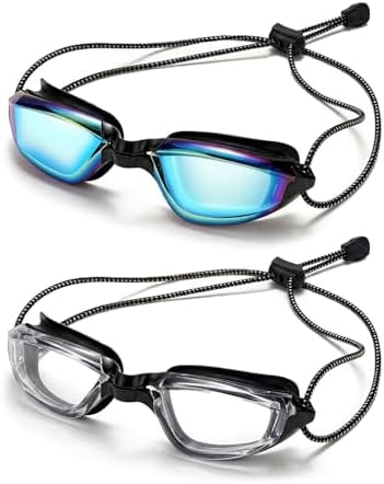 Aegend 2 Pack Professional Swimming Goggles for Adults, No Leak Mirrored Swim Goggles with Bungee Strap, Anti-Fog UV Protection Triathlon Goggles for Men Women Open Water & Pool