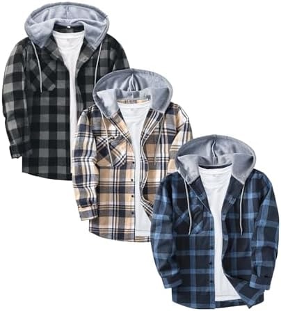 ZITY 3 Pack Men's Flannel Hoodie Shirts Long Sleeve Button Down Plaid Shirt