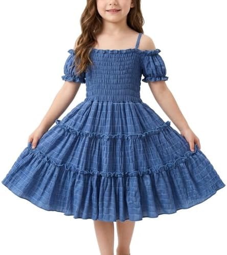 TTYAOVO Girl Ruffles Dress Puff Sleeves Smocked Bodice Summer Dresses Size 6Y(5-6 Years, 2175 Blue)