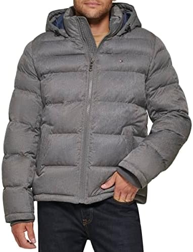 Tommy Hilfiger Men's Hooded Puffer Jacket, Heather Grey, 3X