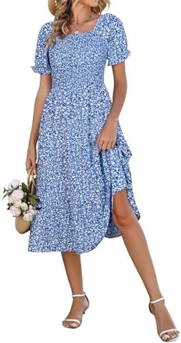 Younrui Modest Milkmaid Floral Dresses for Women 2026 Causal Summer Ruffled Short Sleeves Square Neck Flowy Maxi Dress(M-1077-Blue Floral)