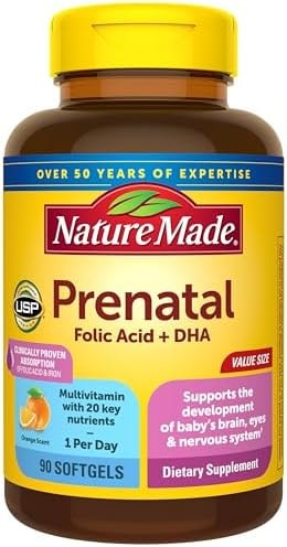 Nature Made Prenatal Vitamins for Women with Folic Acid + DHA, Prenatal Vitamin and Mineral Supplement for Daily Nutritional Support, 90 Softgels, 90 Day Supply