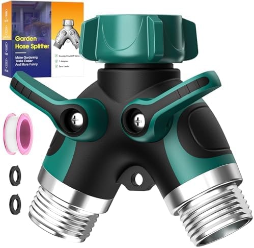 2 Way Garden Hose Splitter with Shut Off Valve,Water Spigot Splitter for 3/4" Hose Connector,Heavy Duty Metal Outdoor Faucet Splitter Y Connector for Garden Hose,with 3 Leakproof Washers & 1 tape