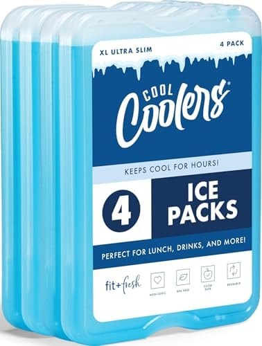 Cool Coolers by Fit & Fresh 4 Pack XL Slim Ice Packs, Quick Freeze Space Saving Reusable Ice Packs for Lunch Boxes or Coolers, Blue, 239ICE, 4 count (Pack of 1)