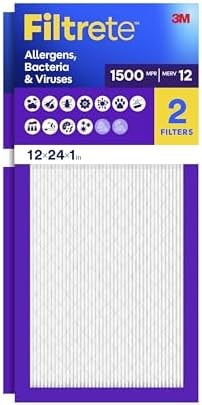 Filtrete 12x24x1 Air Filter, MERV 12, MPR 1500, Allergens, Bacteria & Viruses, 3-Month AC and Furnace Filters, Cleaner Air, Reliable Airflow, 2 HVAC Filters (Actual Size 11.68 x 23.68 x 0.78 in)