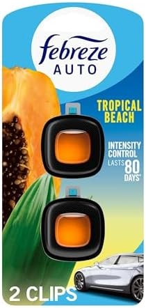 Febreze AUTO Air Freshener, Odor-Fighting Automotive Vent Clip, Scented Car Accessories, Long Lasting for Strong Odors, Tropical Beach Scent, 2 Count