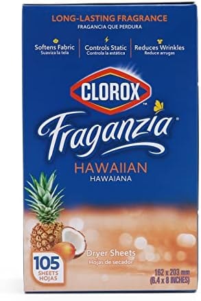 Clorox Fraganzia Fabric Softener Dryer Sheets, Wrinkle Reducing Anti Static, Great Smelling Clothes Softens Fabrics, Hawaiian Escape Scent, 105 Count