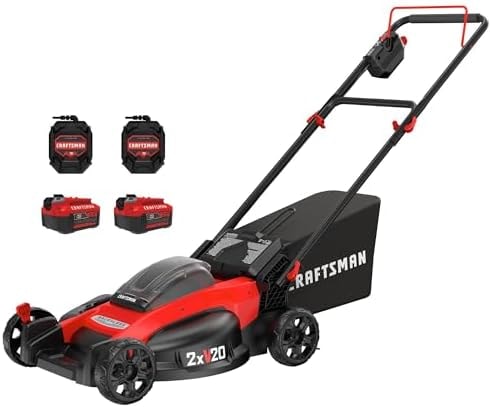 CRAFTSMAN V20 20 in Lawn Mower, 2 x 5Ah Batteries and 2 Chargers Included, High Effeciency Brushless Motor, Push Mower, Up to 50 Min of Runtime, Lightweight, Grass Bag, Low Profile (CMCMW220P2)
