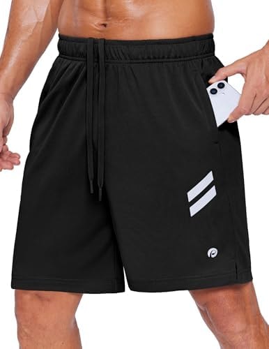 PINSPARK Men's Athletic Running Shorts Quick Dry Lightweight Gym Shorts 7 Inch Workout Shorts with Zipper Pockets Black