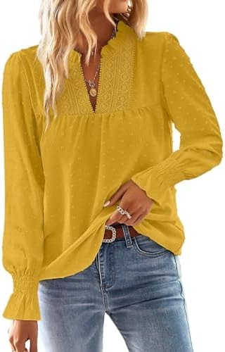 Falechay Boho Womens Blouses Butterfly Sleeve Lace Spring Tops Yellow S