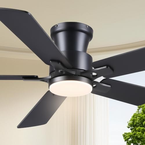 JSAITEE 52in Flush Mount Ceiling Fans with Lights Low Profile, Black