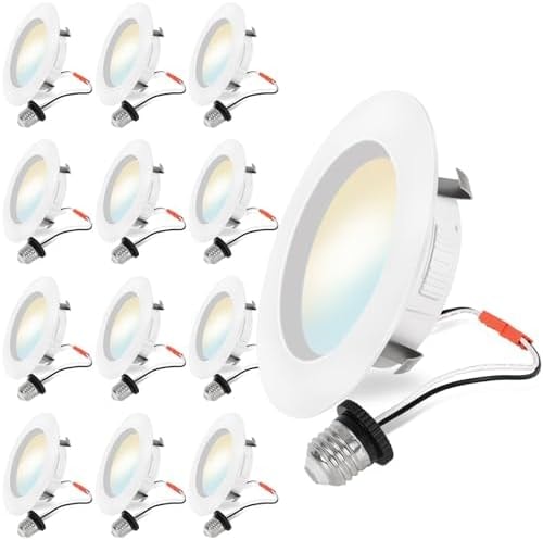 Energetic 4 Inch 5CCT Recessed Lighting, LED Can Lights for Ceiling, Dimmable Downlight, 5.4W, Equivalent 45W, 2700K/3000K/4000K/5000K/6500K Selectable, Damp Rated, Baffle Trim, ETL, 12 Pack