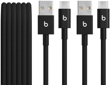Beats USB-A to USB-C Woven Cable 2 Pack Fast Charging Durable/Tangle-Free Compatible Charger for Apple & Android Devices (1.5 m, 5 ft) - Bolt Black