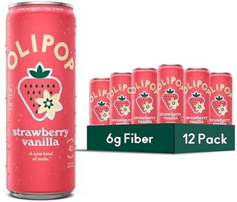 OLIPOP Prebiotic Soda Pop, Strawberry Vanilla, Pantry Pack Packed with Prebiotics, Fiber, and Botanicals, Gluten Free, GMO Free, 12oz Skinny (12-Cans) (Packaging May Vary)
