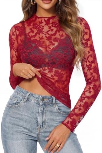 GRACE KARIN Mock Neck Lace Long Sleeve Top, Red Branches and Leaves, S