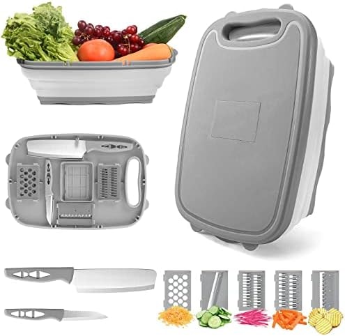 HI NINGER Collapsible Cutting Board with Colander, 9-In-1 Multi Chopping Board Kitchen Vegetable Washing Basket for Camping Gifts Camping Accessories for RV Campers